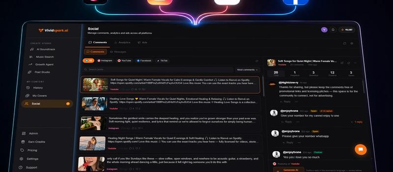 VividSpark unified social inbox dashboard managing TikTok, Instagram, and YouTube comments in one interface.