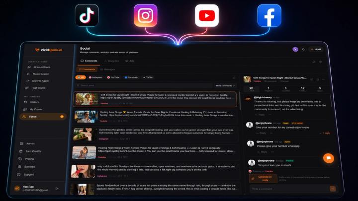 VividSpark unified social inbox dashboard managing TikTok, Instagram, and YouTube comments in one interface.