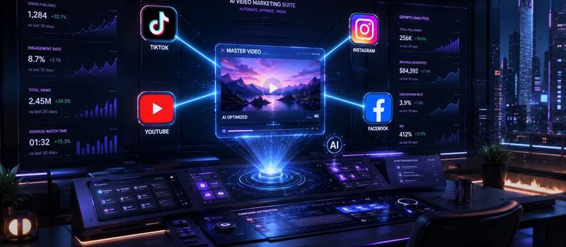 Infographic showing an AI-powered video marketing workflow with one video upload, AI-generated captions, horizontal and vertical cover image variants, multi-platform publishing, unified comments and messages, analytics reports, and Meta ads activation.