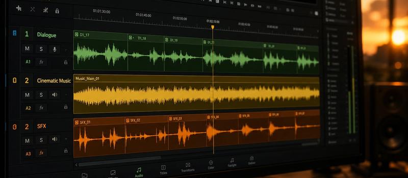 Video editing software workspace comparing dynamic background music waveform and precise sound effects tracks in a dark mode timeline