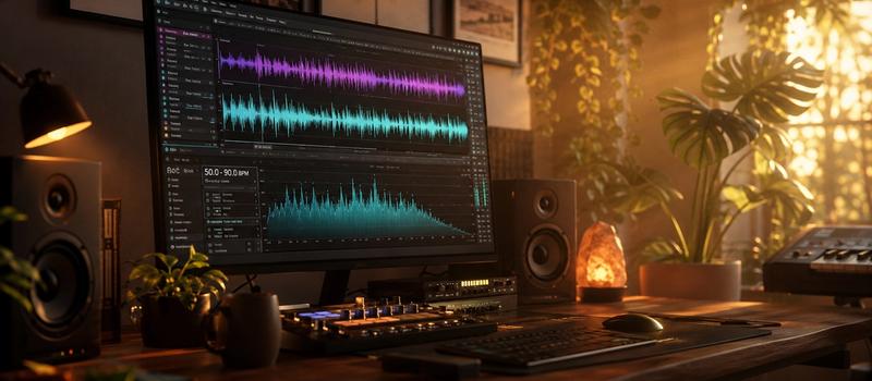 Relaxation video creator editing ASMR audio with calming music waveforms, ambient studio lighting, and acoustic spectrum visualization
