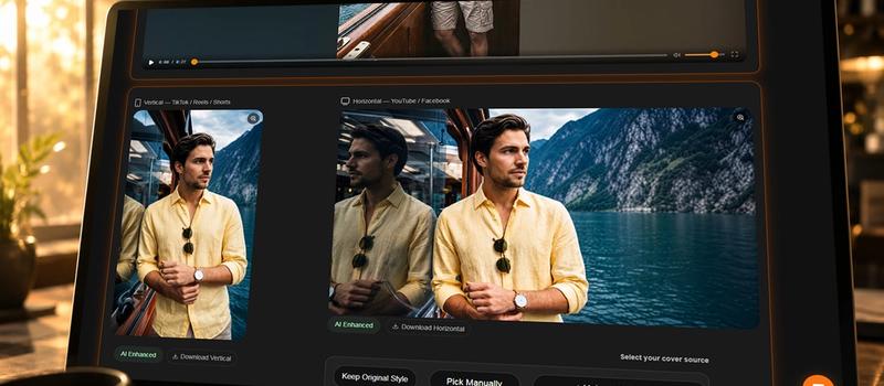 A cinematic dashboard of vividspark.ai analyzing a video to generate automated vertical TikTok covers and horizontal YouTube thumbnails during golden hour light.