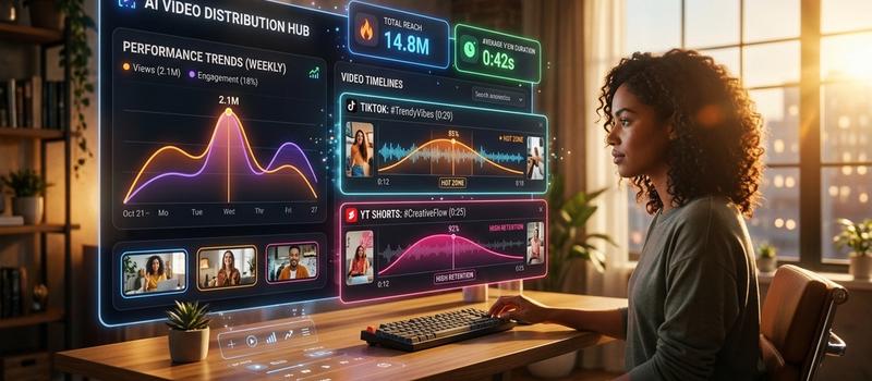 A modern cinematic 3D rendering of an AI-powered short-form video distribution dashboard, showing analytics curves, high-retention video timelines for TikTok and YouTube Shorts, and glowing holographic metrics under warm golden hour sunlight.