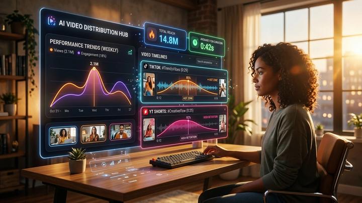 A modern cinematic 3D rendering of an AI-powered short-form video distribution dashboard, showing analytics curves, high-retention video timelines for TikTok and YouTube Shorts, and glowing holographic metrics under warm golden hour sunlight.