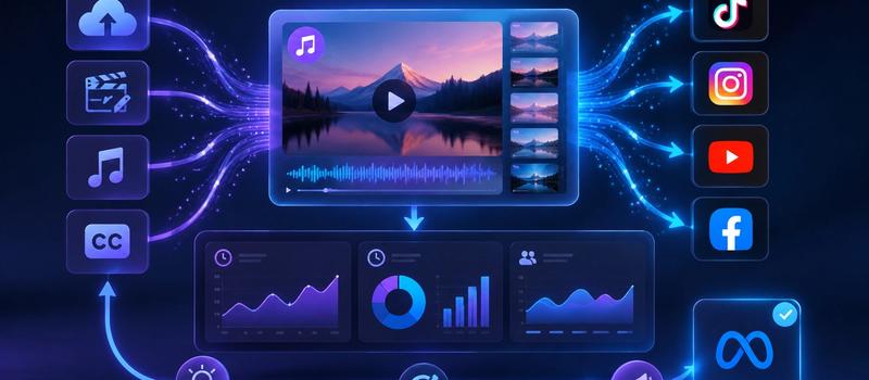 Finalized video assets being published simultaneously to multiple social media platforms, with a unified dashboard displaying performance metrics like watch time and retention.