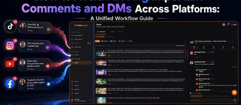 A unified social media inbox dashboard by Vividspark.ai, displaying cross-platform customer comments, direct messages, high-intent purchase queries, and audience engagement analytics seamlessly synchronized from TikTok, Instagram, YouTube, and Facebook.