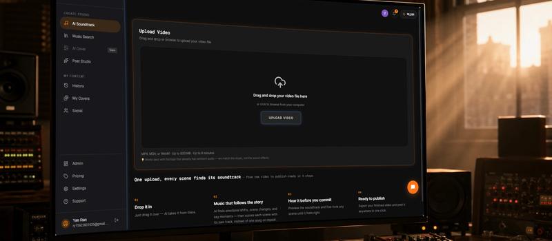 An AI video publishing dashboard by Vividspark.ai showing automated copyrighted background music risk detection, vocal track isolation, and safe licensed soundtrack replacement in a cinematic editing suite.