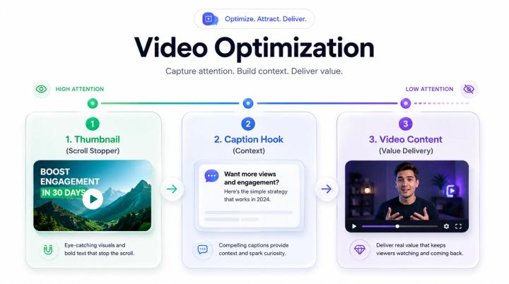 A professional infographic breaking down the video CTR optimization framework, illustrating the alignment between thumbnail design, caption hooks, and 1.5-second viewer psychological decision-making.