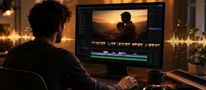 Professional video editing workspace with cinematic audio waveforms and mood tag indicators on screen, warm golden hour lighting.