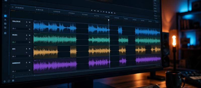 The film editor operates the audio on the professional timeline, enhancing the narrative sense of the film through silence (white space).