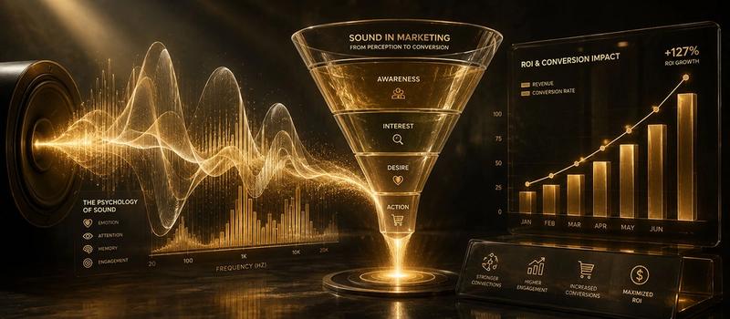A conceptual, glowing golden infographic illustrating "Sound in Marketing." On the left, a speaker emits vibrant audio waves and a frequency chart. In the center, these sound waves flow into a glass marketing funnel labeled "Awareness, Interest, Desire, Action." On the right, a futuristic glass display shows a rising bar graph indicating a "+127% ROI Growth," demonstrating how music psychology drives ad conversions.