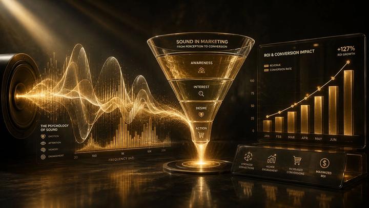 A conceptual, glowing golden infographic illustrating "Sound in Marketing." On the left, a speaker emits vibrant audio waves and a frequency chart. In the center, these sound waves flow into a glass marketing funnel labeled "Awareness, Interest, Desire, Action." On the right, a futuristic glass display shows a rising bar graph indicating a "+127% ROI Growth," demonstrating how music psychology drives ad conversions.