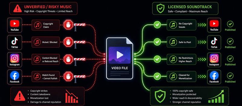 Diagram showing copyright risks like muting and claims when cross-posting videos to YouTube, TikTok, Instagram, and Facebook.