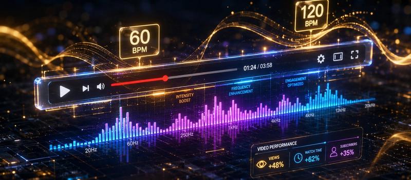 Conceptual 3D infographic visualizing music tempo BPM tags and audio frequency spectrums accelerating a YouTube video timeline progress bar.