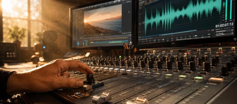 A close-up photograph in a sunlit studio, showing a hand carefully adjusting a knob on a large, complex audio mixing board. In the background, two computer monitors display a video timeline and an audio waveform, illustrating the process of layering and mixing sound.