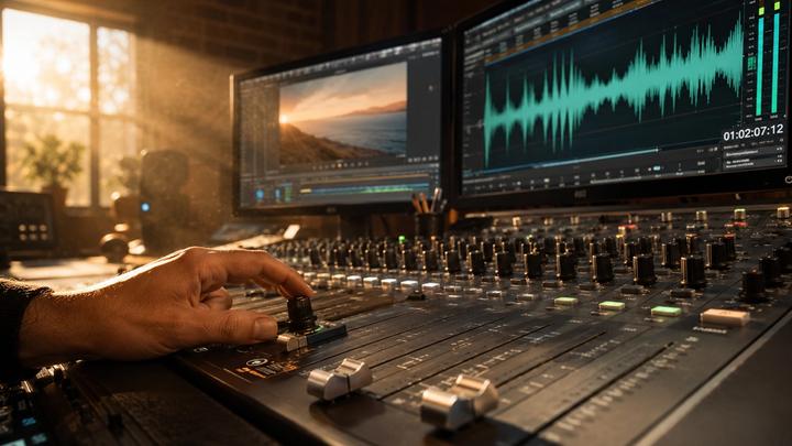 A close-up photograph in a sunlit studio, showing a hand carefully adjusting a knob on a large, complex audio mixing board. In the background, two computer monitors display a video timeline and an audio waveform, illustrating the process of layering and mixing sound.
