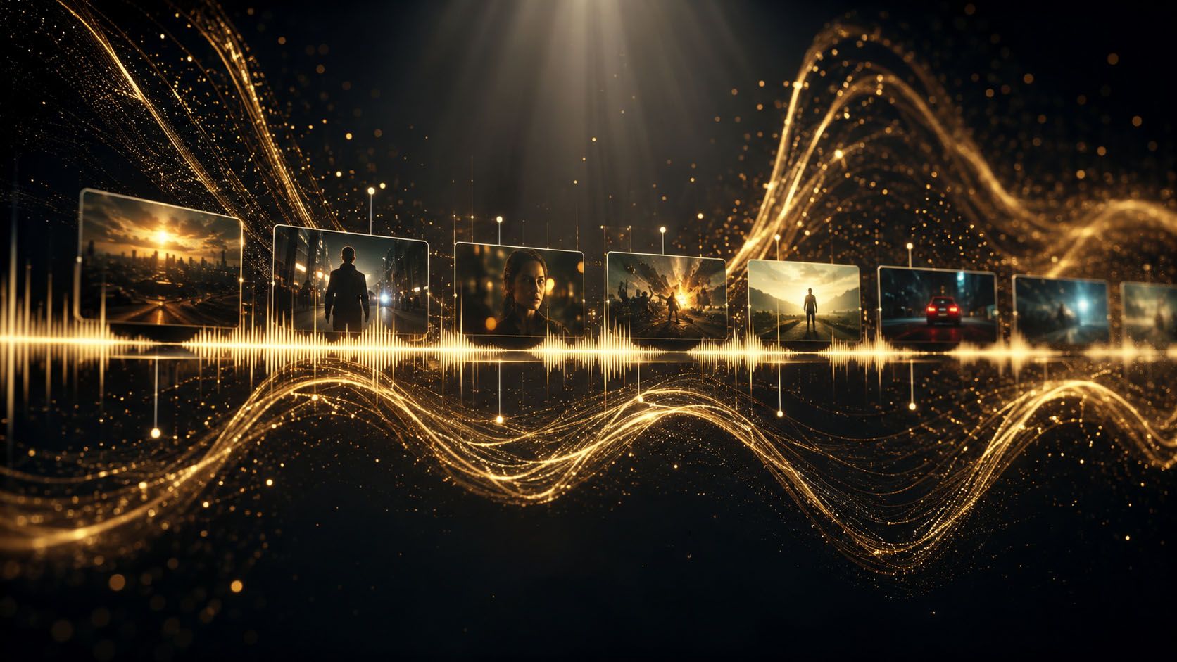 AI sound design concept showing dynamic musical audio waveforms aligning automatically with cinematic video scene keyframes
