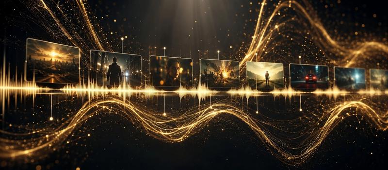 AI sound design concept showing dynamic musical audio waveforms aligning automatically with cinematic video scene keyframes