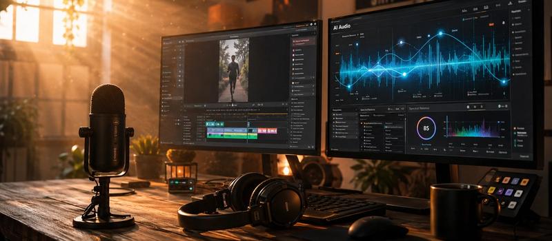 Short-form vertical video creator analyzing AI music search recommendations and waveform analytics on a dual monitor setup with cinematic studio lighting.