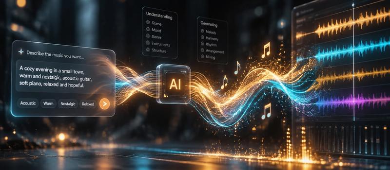 Abstract visualization of AI natural language music search converting text descriptions into golden soundwaves and musical energy