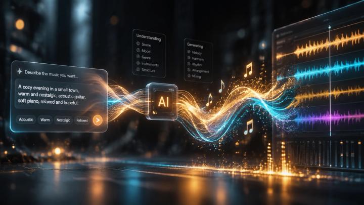 Abstract visualization of AI natural language music search converting text descriptions into golden soundwaves and musical energy