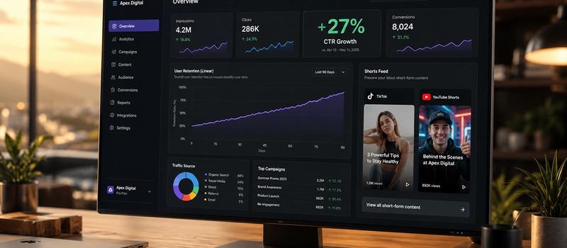 A modern video marketing analytics dashboard showing optimized video captions, short-form thumbnail variations, cross-platform CTR performance charts, and multi-platform publishing previews for TikTok, Instagram Reels, and YouTube Shorts.
