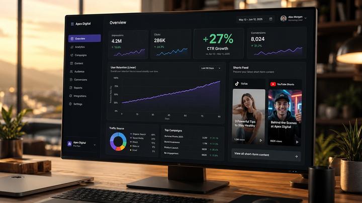 A modern video marketing analytics dashboard showing optimized video captions, short-form thumbnail variations, cross-platform CTR performance charts, and multi-platform publishing previews for TikTok, Instagram Reels, and YouTube Shorts.