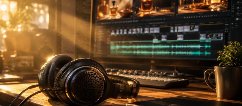 Professional video editing workspace showing cinematic product ad visuals, synchronized background music tracks, and digital marketing analytics for VividSound Library guide
