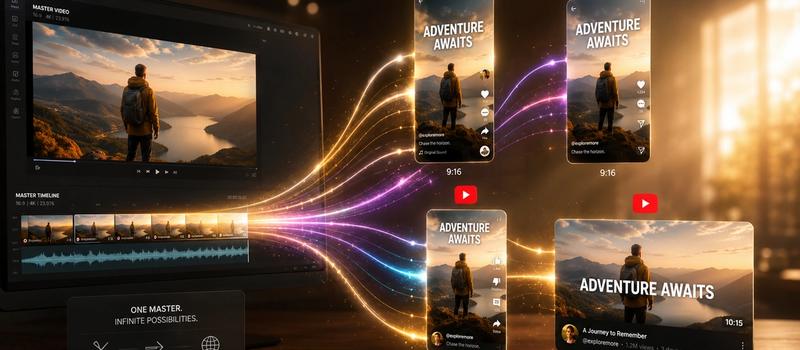 AI video repurposing platform automatically transforming one long video into multiple social media clips for TikTok, Instagram Reels, and YouTube Short