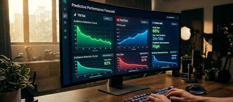 A modern analytics dashboard glowing with predictive social media video data, featuring audience retention curves, 3-second hook metrics, and multi-platform performance charts for TikTok and YouTube, under warm cinematic studio lighting with subtle Tyndall effect.