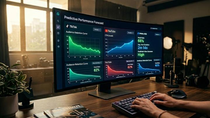 A modern analytics dashboard glowing with predictive social media video data, featuring audience retention curves, 3-second hook metrics, and multi-platform performance charts for TikTok and YouTube, under warm cinematic studio lighting with subtle Tyndall effect.