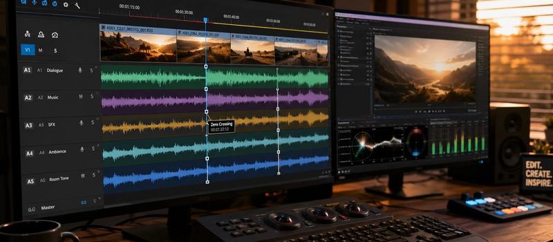A professional video editor refining seamless looping background music for short-form content, displaying audio waveform visualization, zero-crossing editing points, and a social media video timeline.