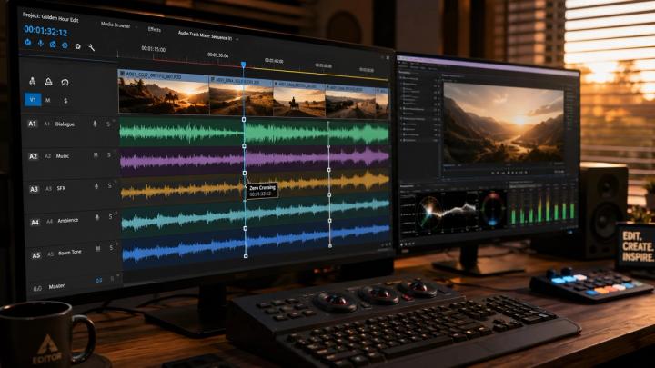 A professional video editor refining seamless looping background music for short-form content, displaying audio waveform visualization, zero-crossing editing points, and a social media video timeline.