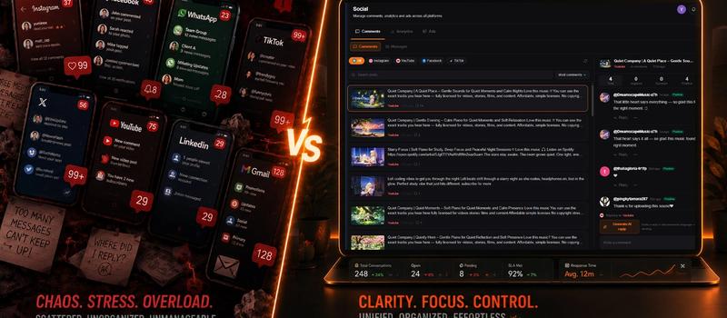 Split comparison showing fragmented social media apps with missed messages versus Vividspark.ai centralized omnichannel inbox.