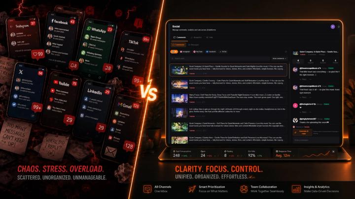 Split comparison showing fragmented social media apps with missed messages versus Vividspark.ai centralized omnichannel inbox.