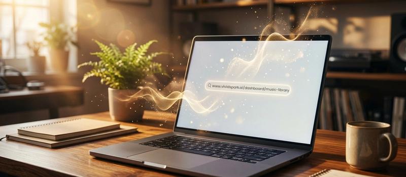 A laptop on a warm wooden desk displaying 'www.vividspark.ai/dashboard/music-library' on its screen. Glowing golden audio wave particles gracefully float out of the display into a cozy studio environment with warm morning sunlight, a green potted plant, notebooks, and a coffee mug.