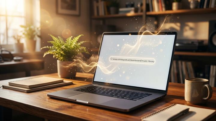 A laptop on a warm wooden desk displaying 'www.vividspark.ai/dashboard/music-library' on its screen. Glowing golden audio wave particles gracefully float out of the display into a cozy studio environment with warm morning sunlight, a green potted plant, notebooks, and a coffee mug.