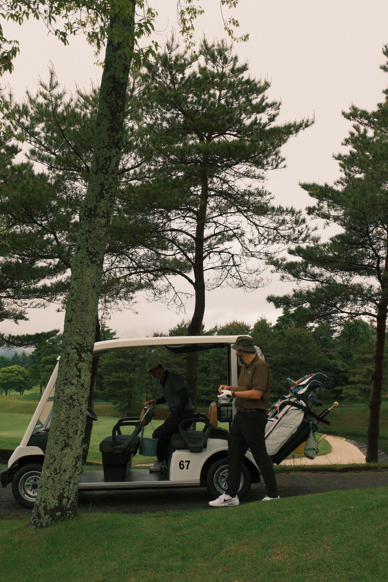 Loading up the cart beneath the pines