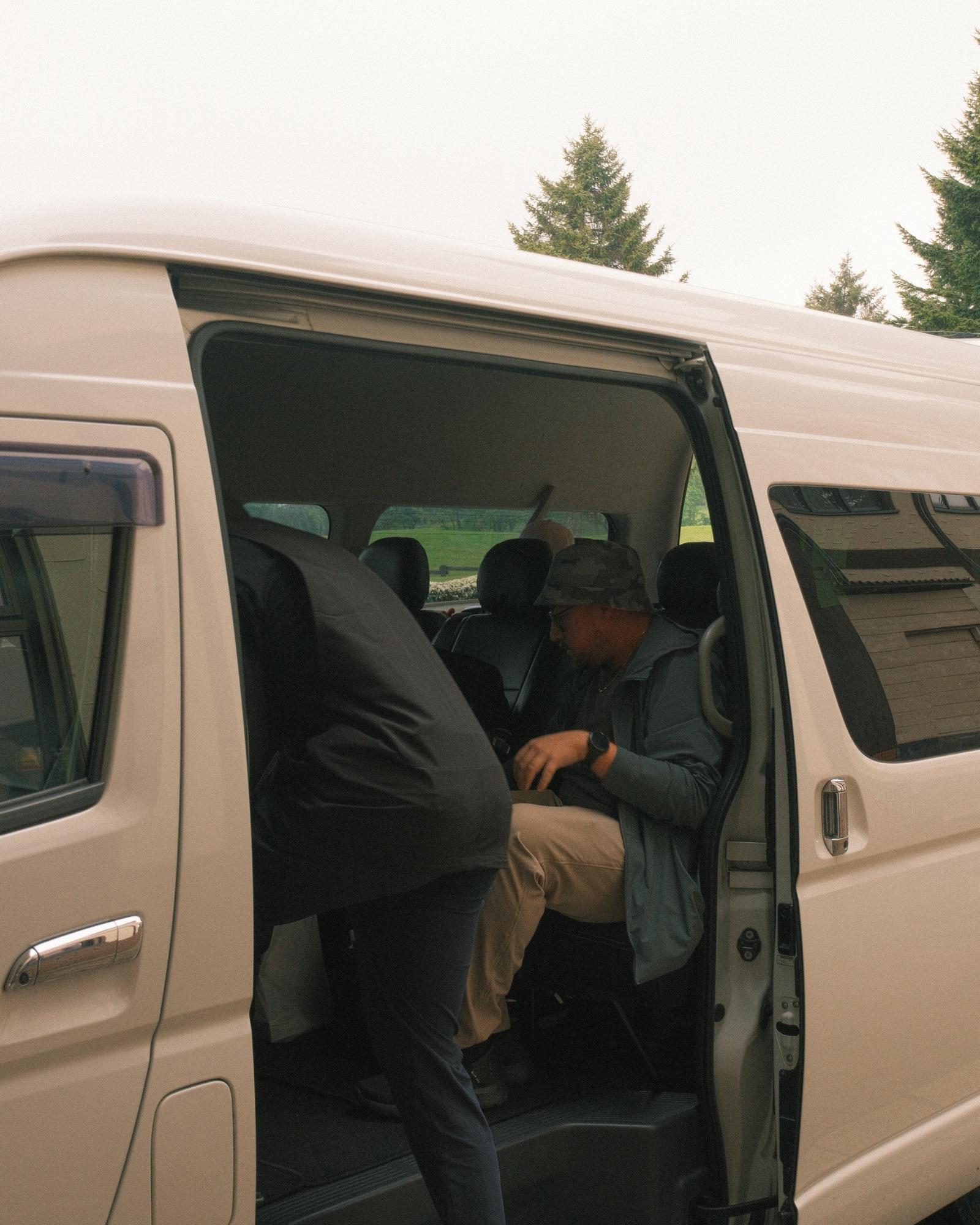 Settling into the van for the drive back to Tokyo