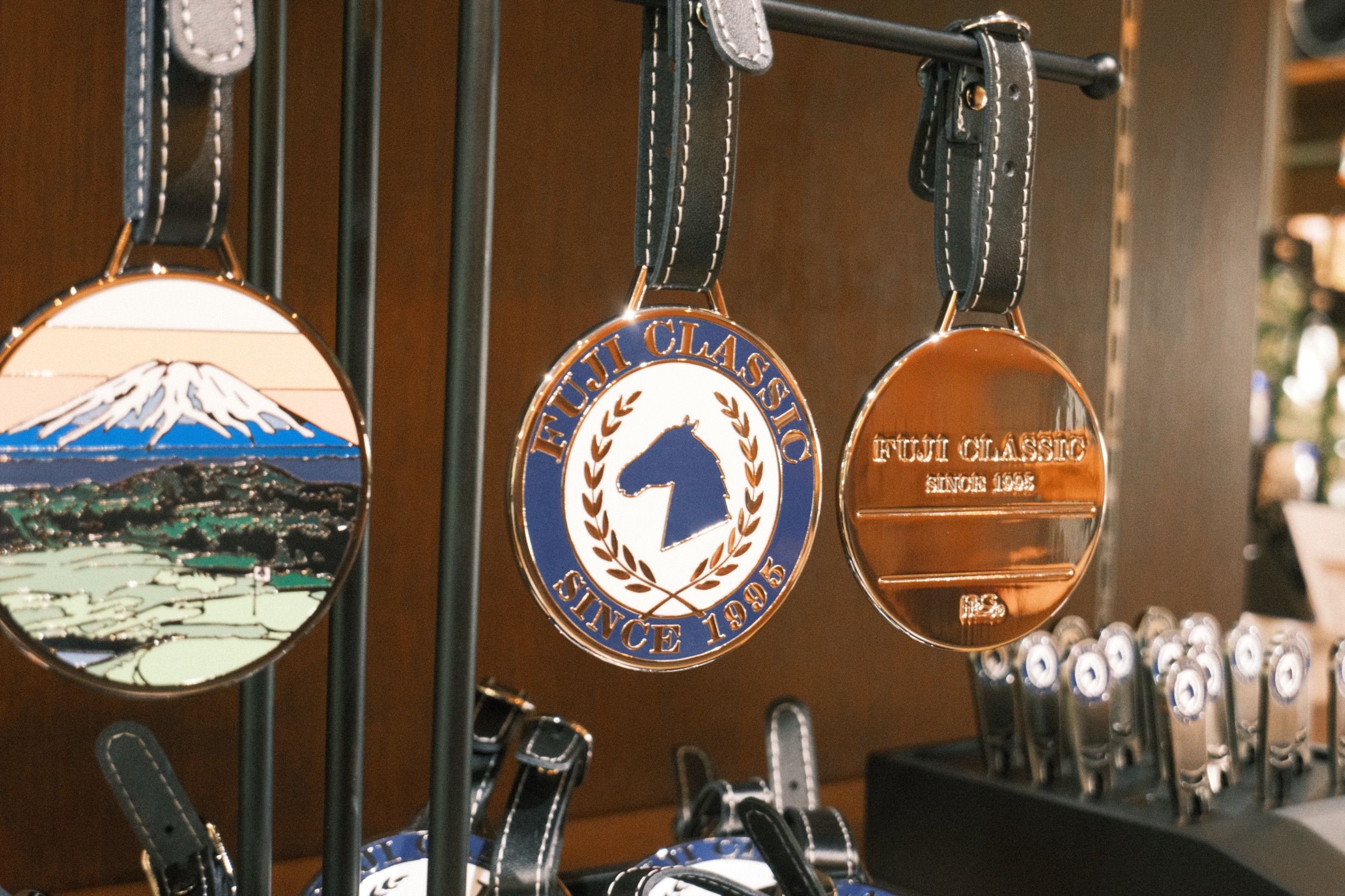 Fuji Classic leather bag tags with Mt Fuji woodblock artwork