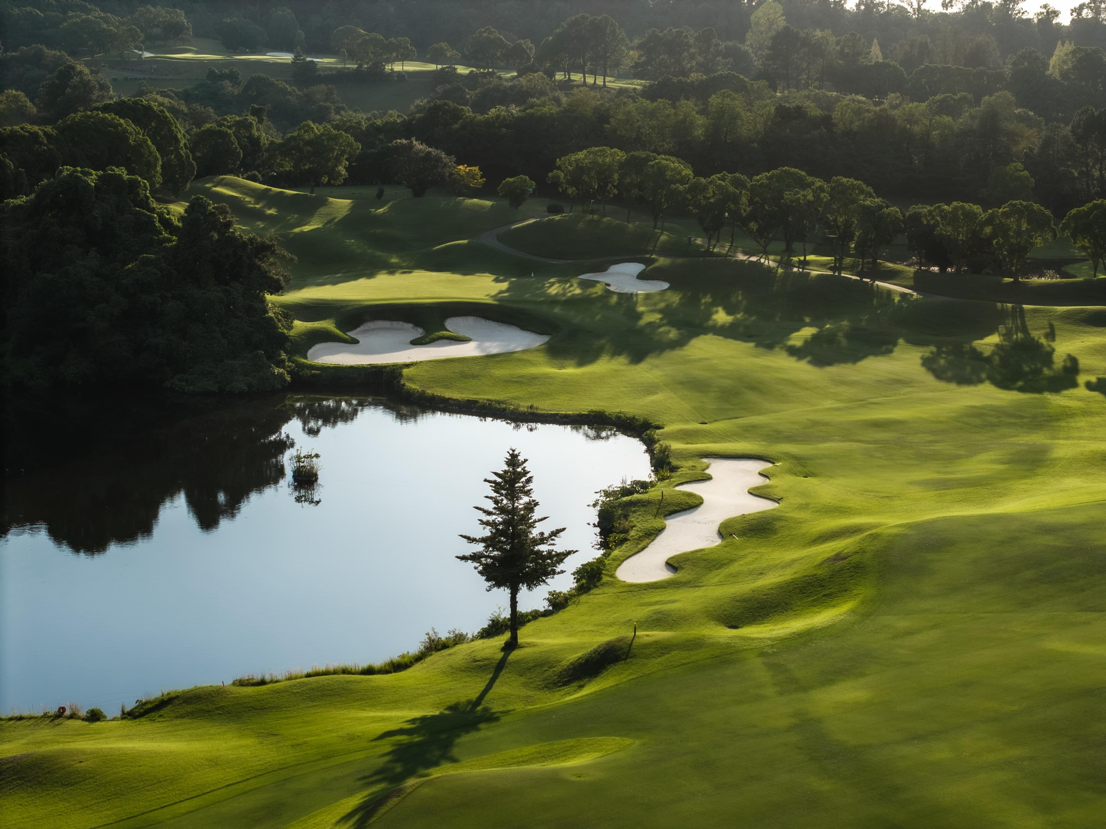 Aerial view of a pond and a lone pine beside a fairway and its bunkers
