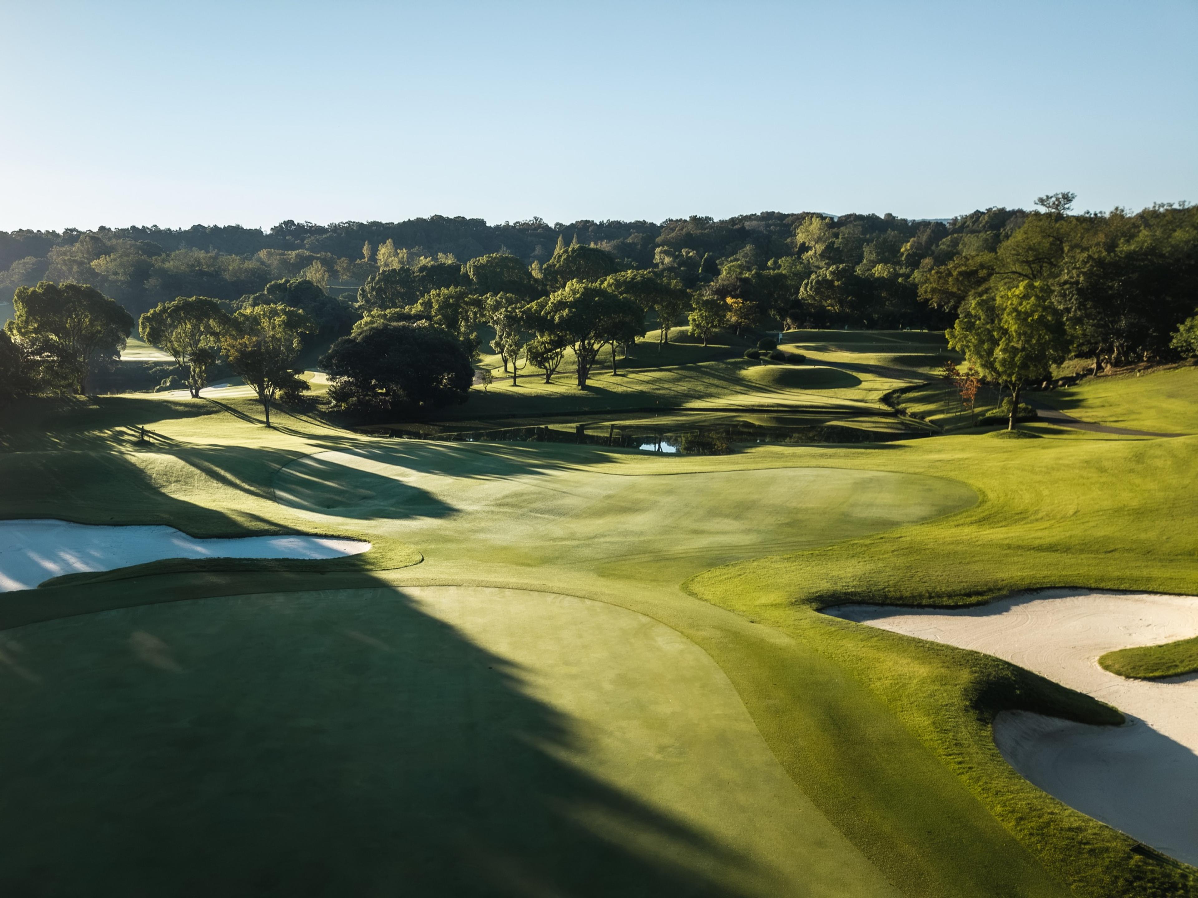 Morning shadows across a green and its bunkers