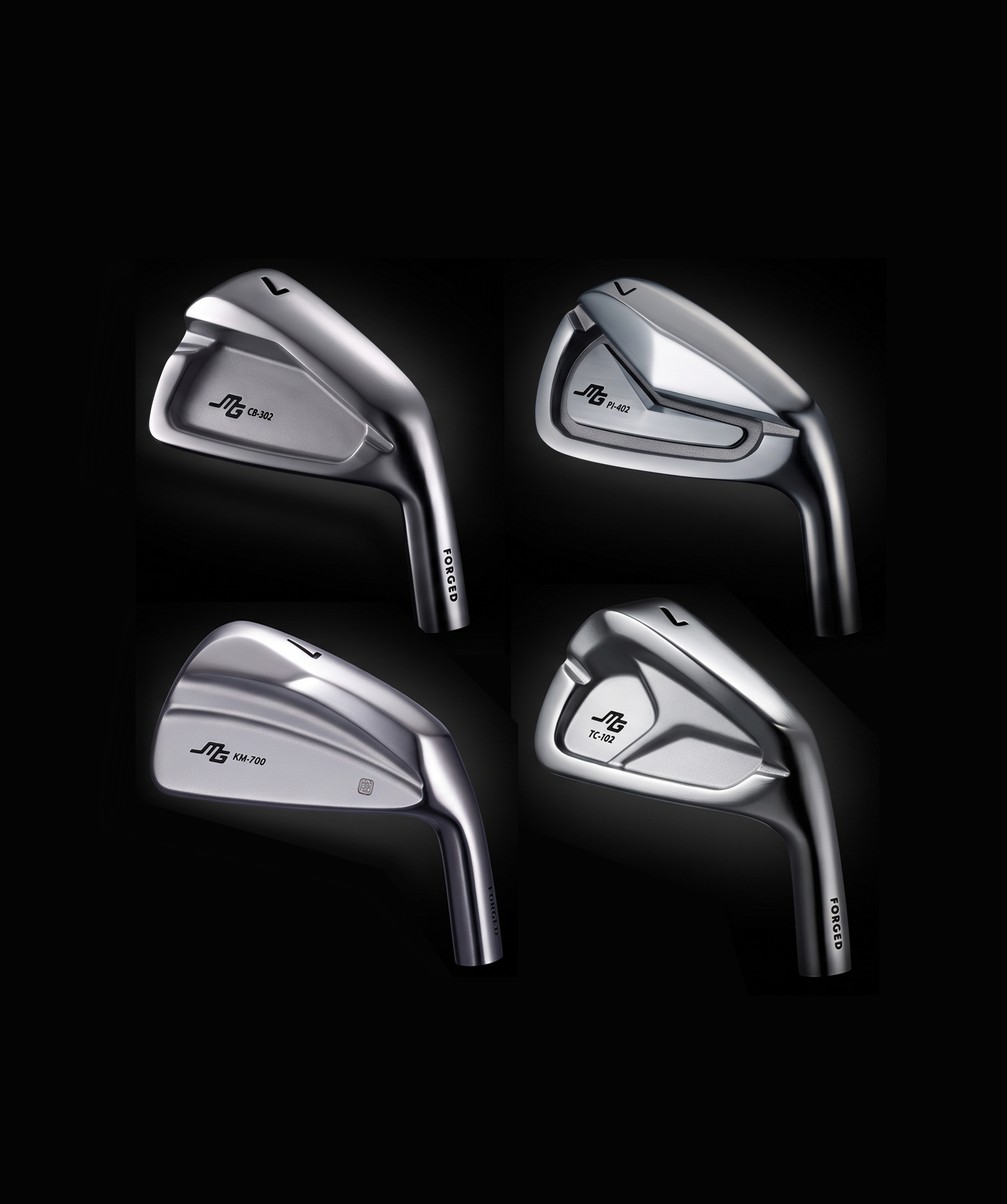 Four Miura forged iron heads on a black background
