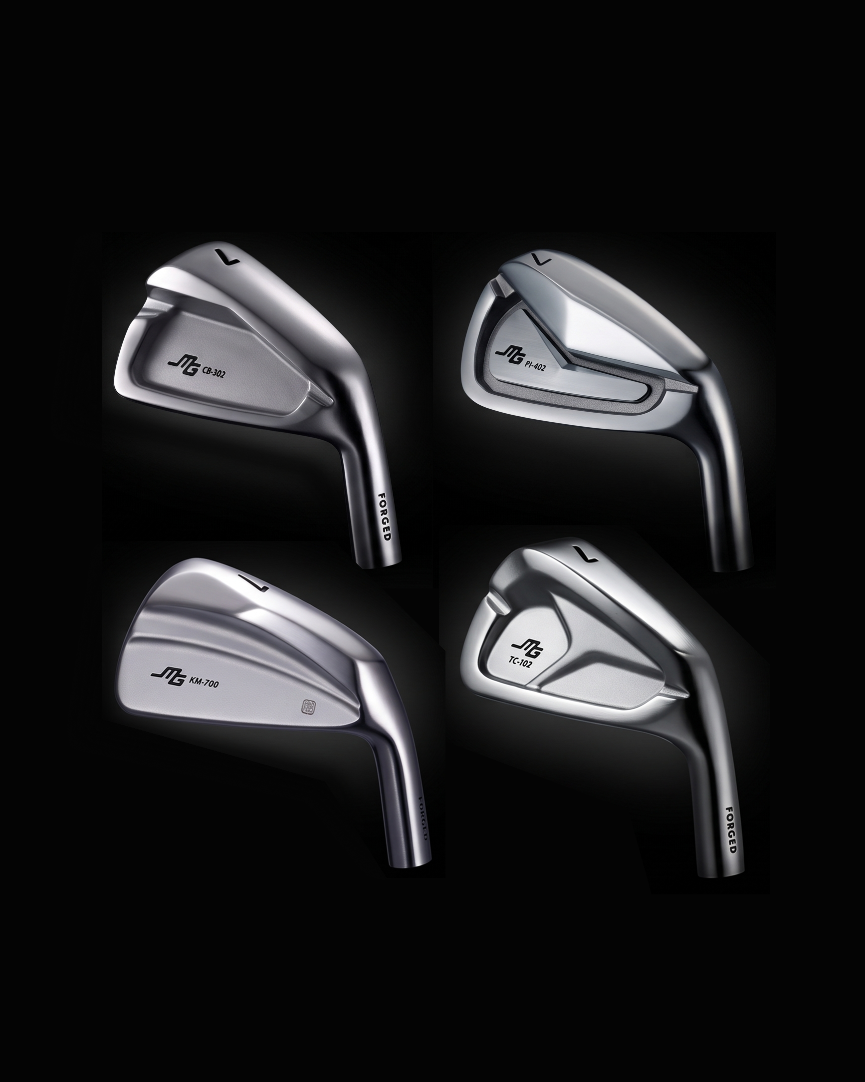 Four Miura forged iron heads on a black background