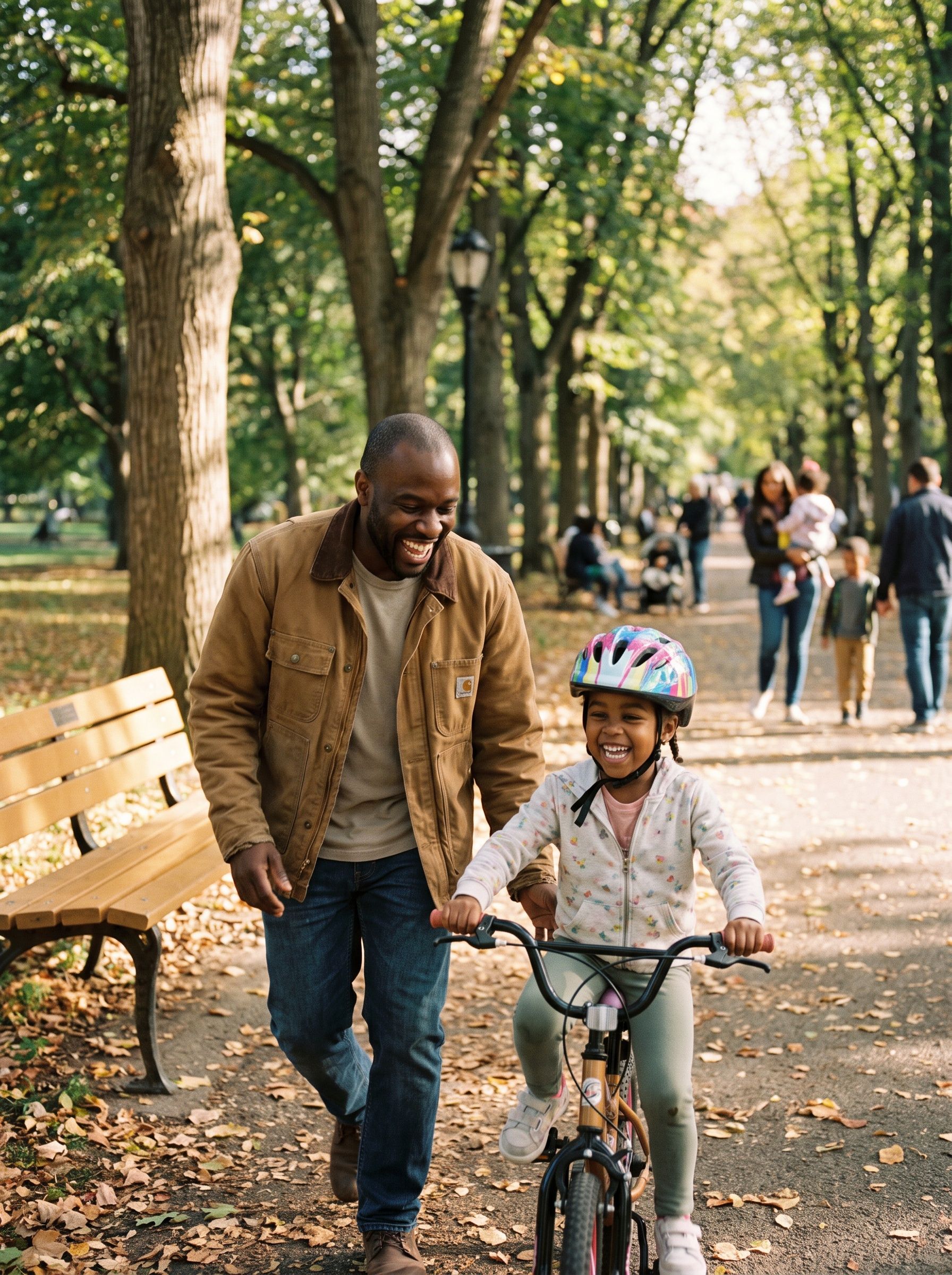 A father running beside his daughter as she rides a bike in the park
