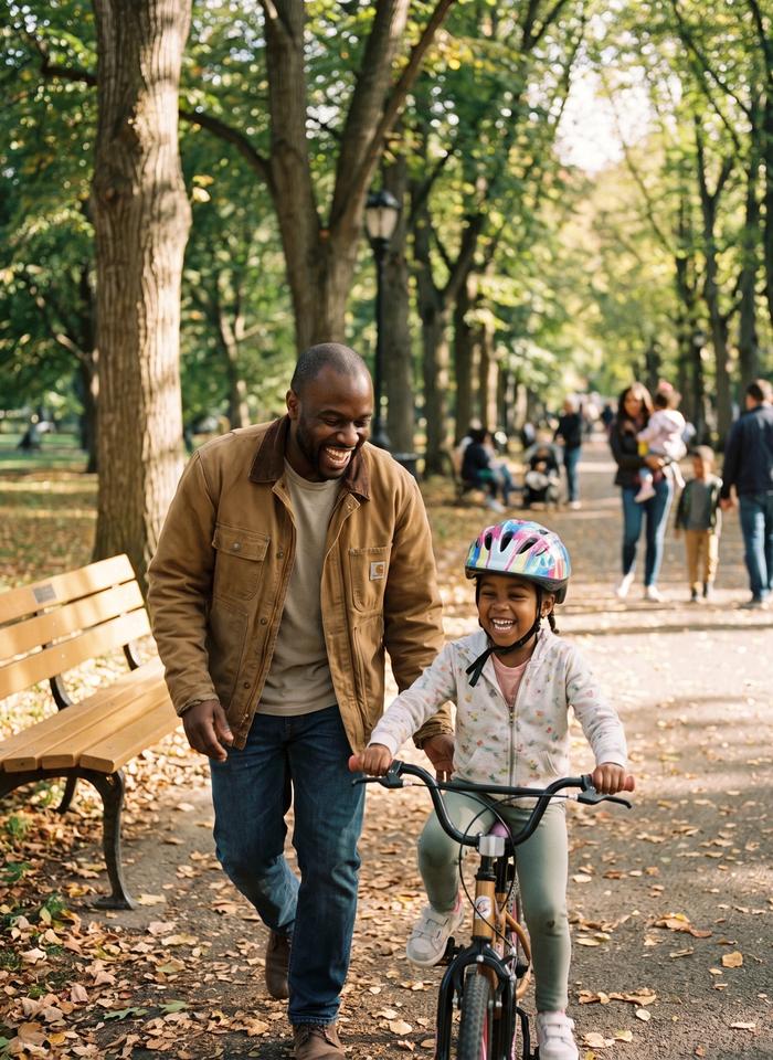 A father running beside his daughter as she rides a bike in the park