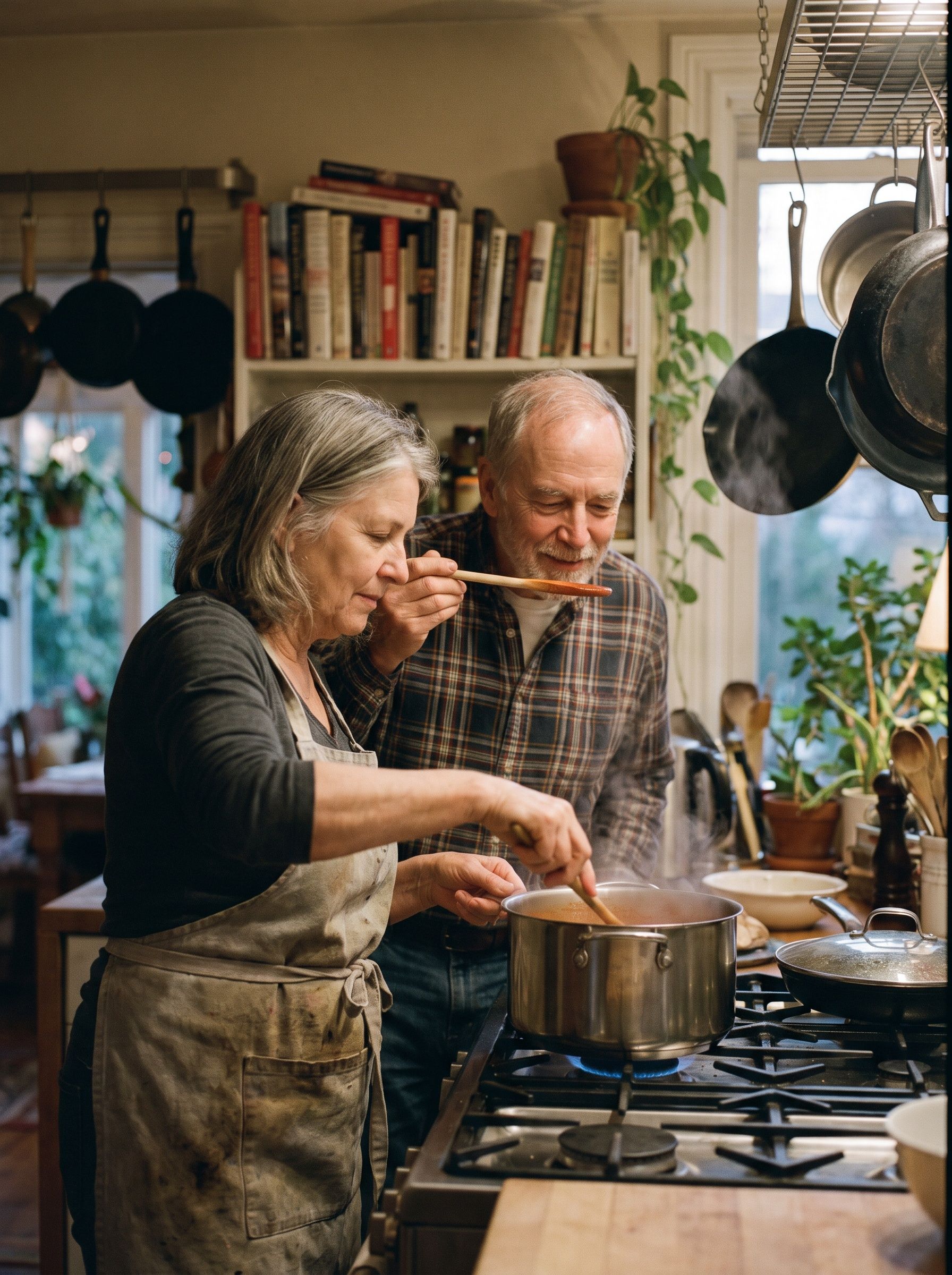 An older couple cooking dinner together at home