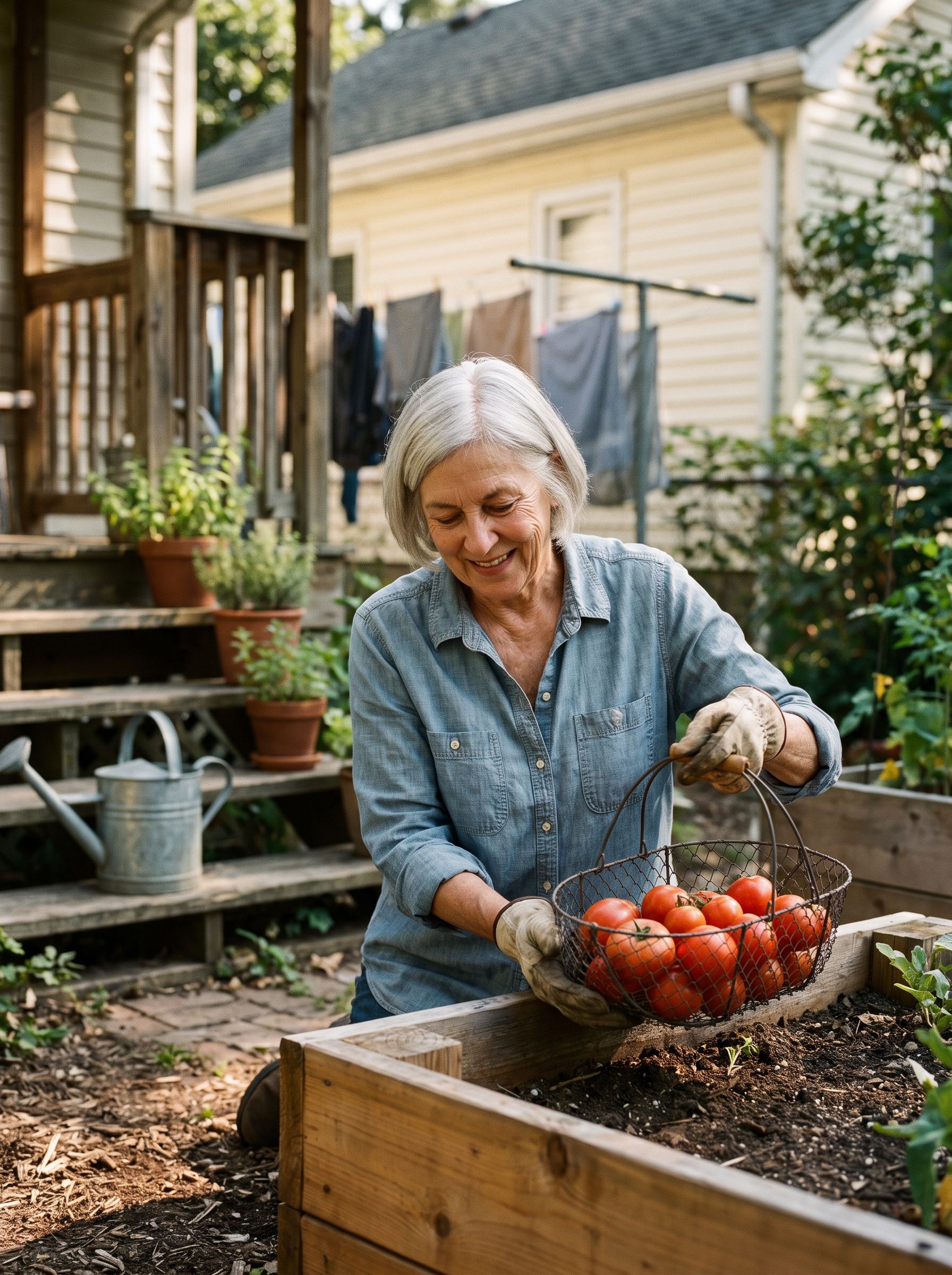 A woman picking tomatoes from a raised bed in her back garden