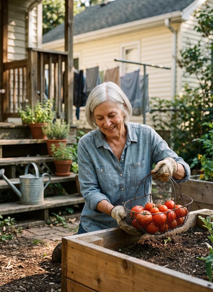 A woman picking tomatoes from a raised bed in her back garden