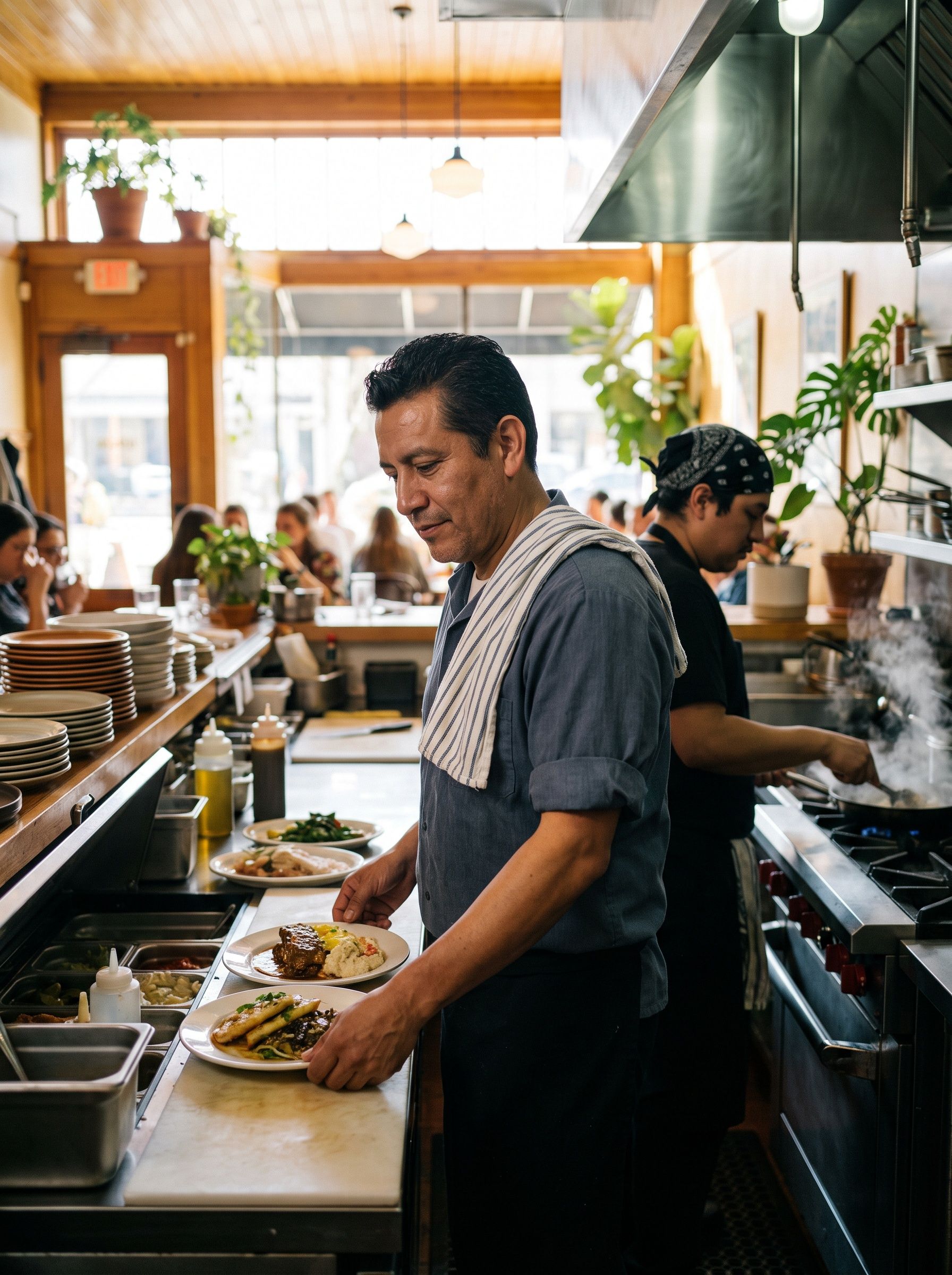 A restaurant owner checking plates at the pass during the lunch rush